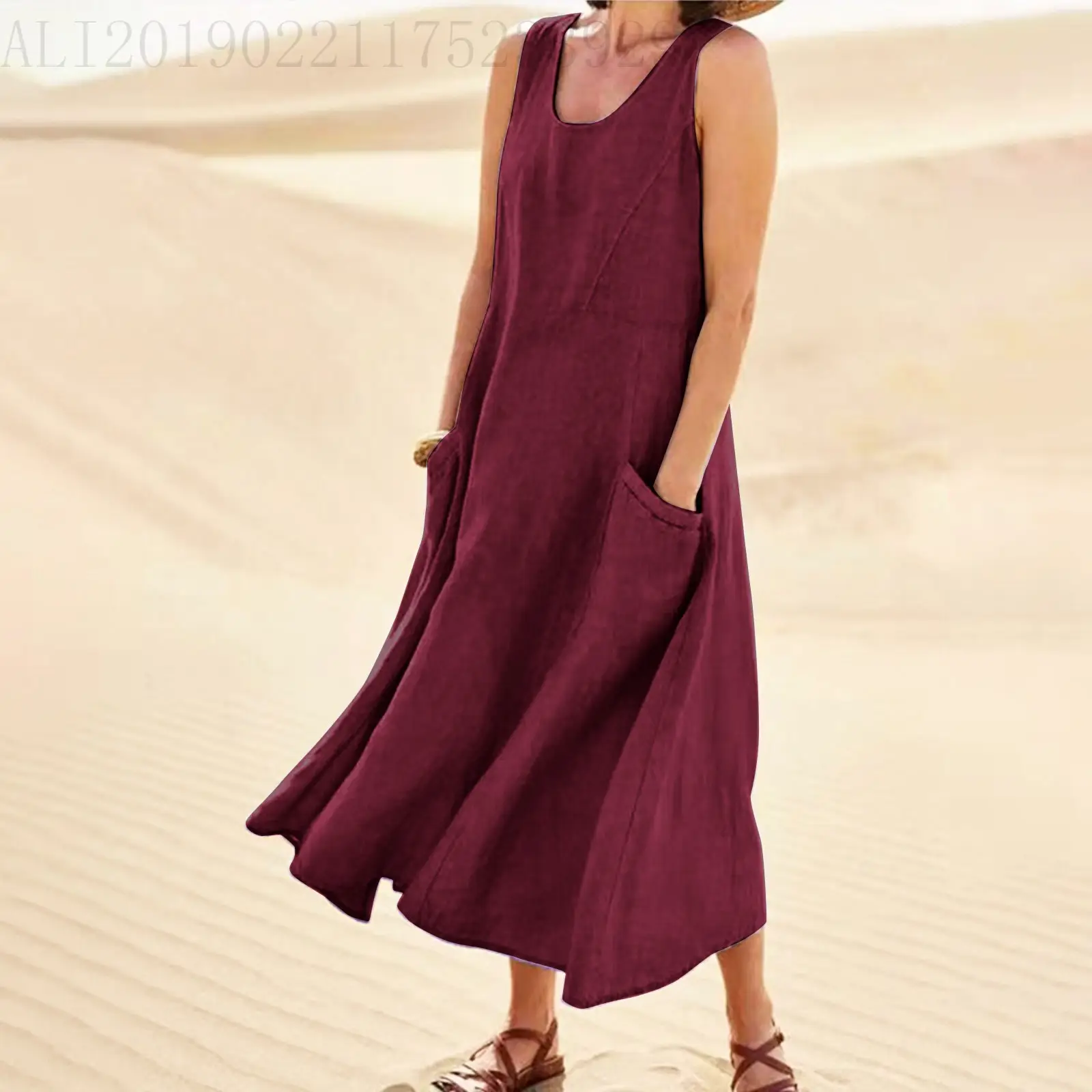 Women Cotton Linen Sleeveless Crewneck Dress Summer