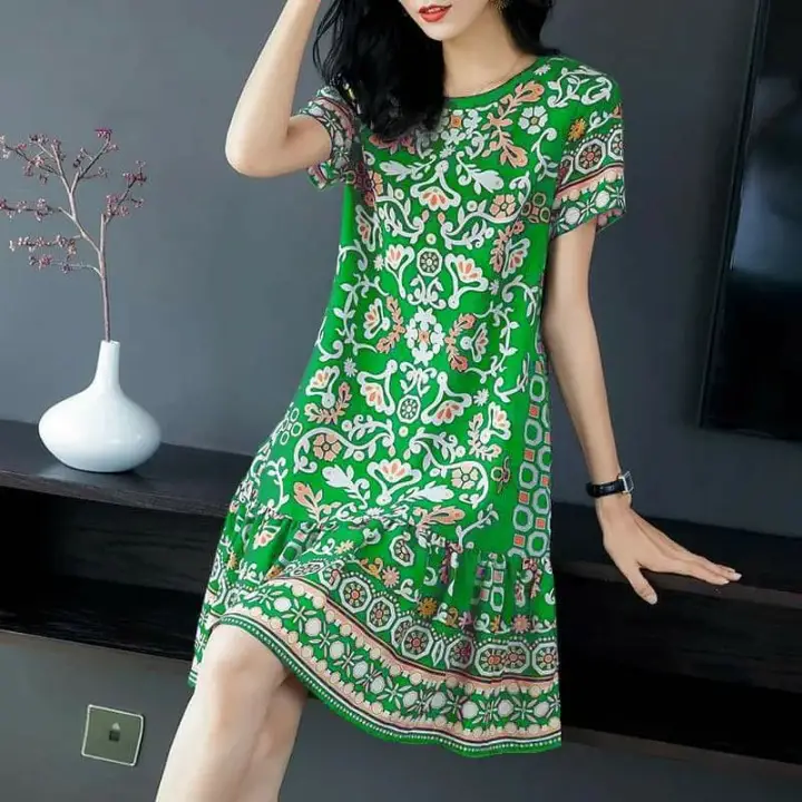 2024 Green Printed Ice Silk Dress for Women - Image 3
