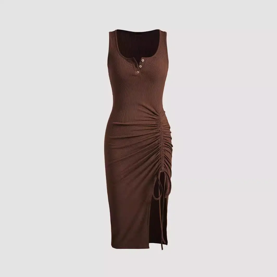 Brown Tight Fit Drawstring Skirt Dress