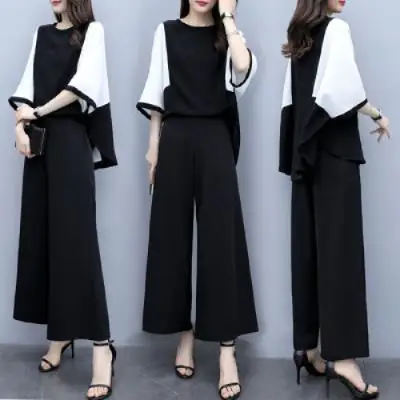 Women's Black Wide Leg Pants with Loose Top Suit Set - Image 2