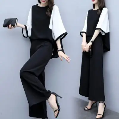 Women's Black Wide Leg Pants with Loose Top Suit Set - Image 3