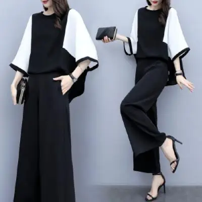 Women's Black Wide Leg Pants with Loose Top Suit Set — feature 5