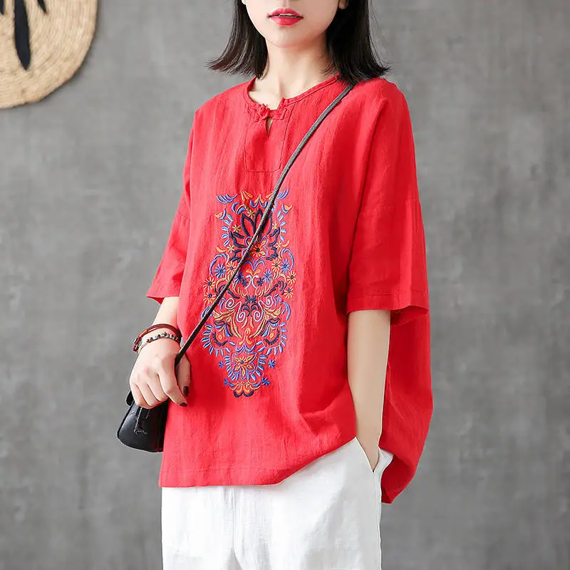 Women Retro Embroidered Cotton Linen T-Shirt Red 5-Quarter Sleeve - Image 2