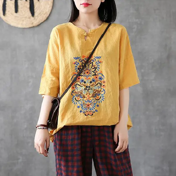 Women Retro Embroidered Cotton Linen T-Shirt Red 5-Quarter Sleeve - Image 3