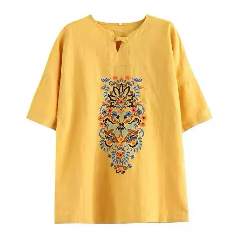 Women Retro Embroidered Cotton Linen T-Shirt Red 5-Quarter Sleeve - Image 5