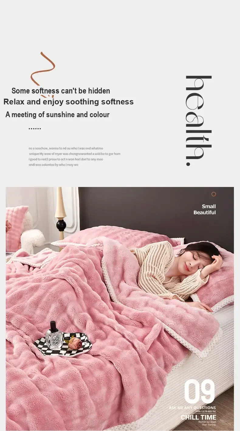 A person resting under a pink blanket on a bed.