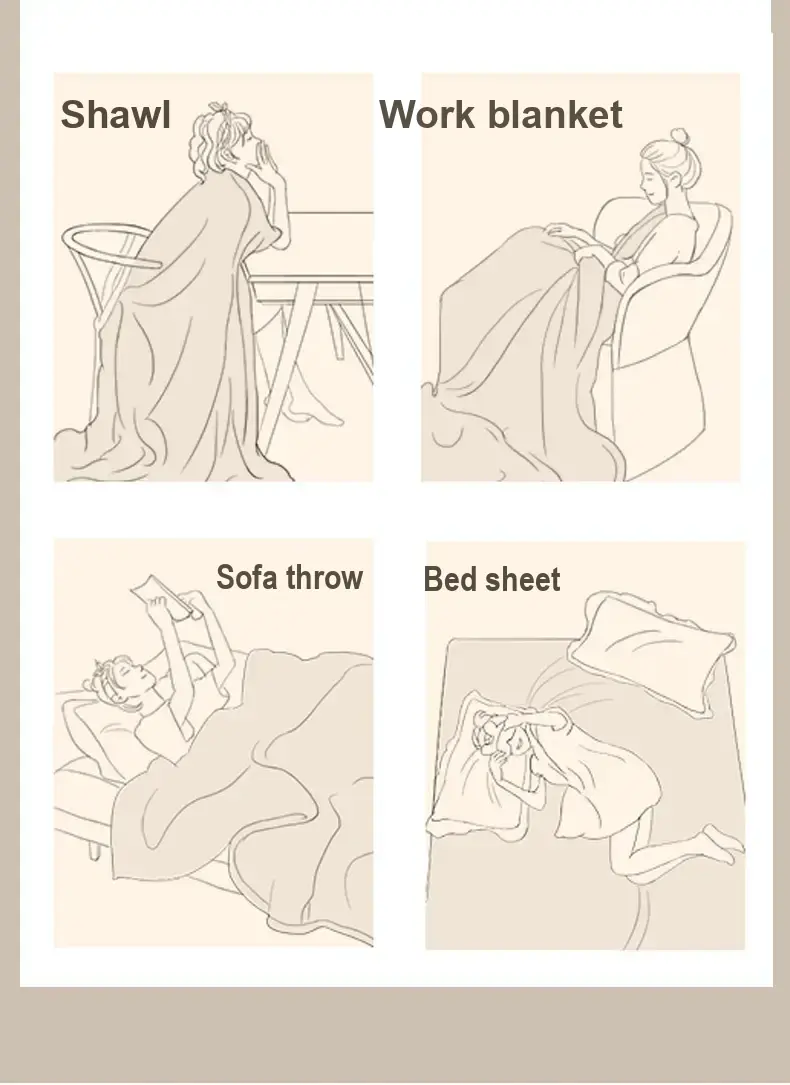 Illustrations show a blanket used as a shoulder wrap, work cover, sofa throw and bed covering.