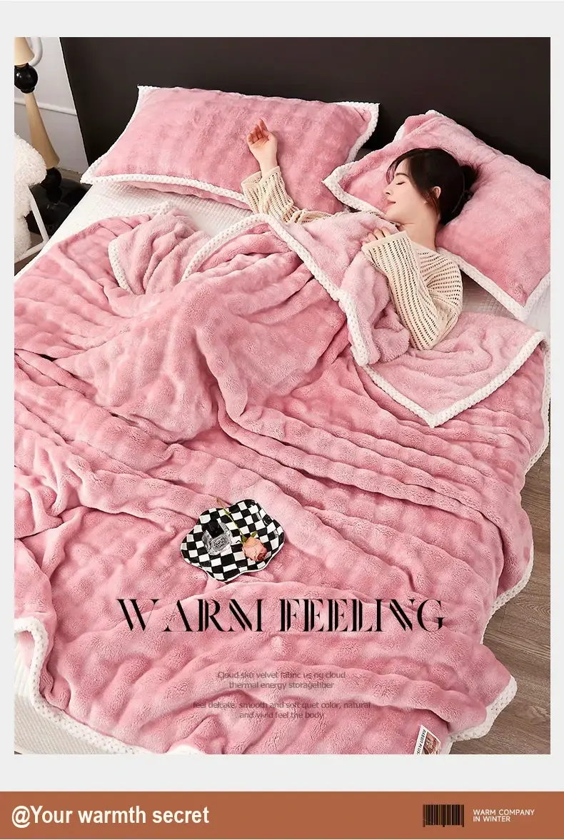 A person lying in bed beneath a pink blanket with matching pillows.