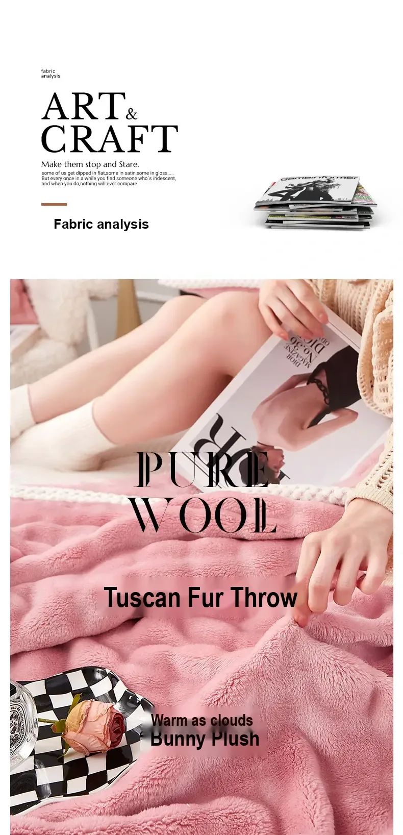 Fabric-analysis themed layout above a cropped lifestyle photo.