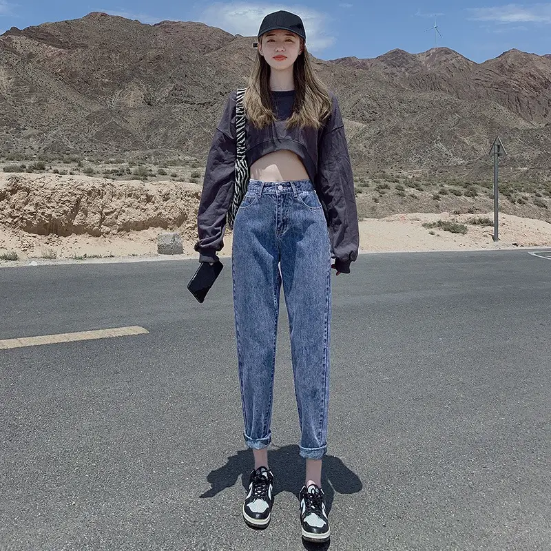 Women High Waist Jeans Summer New Retro Slim Cropped