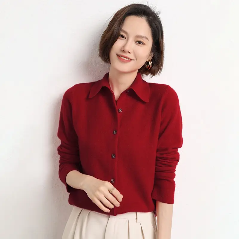 Women's Purple Knitted Polo Collar Sweater - Image 4