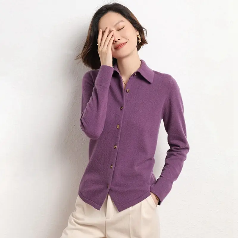 Women's Purple Knitted Polo Collar Sweater - Image 6