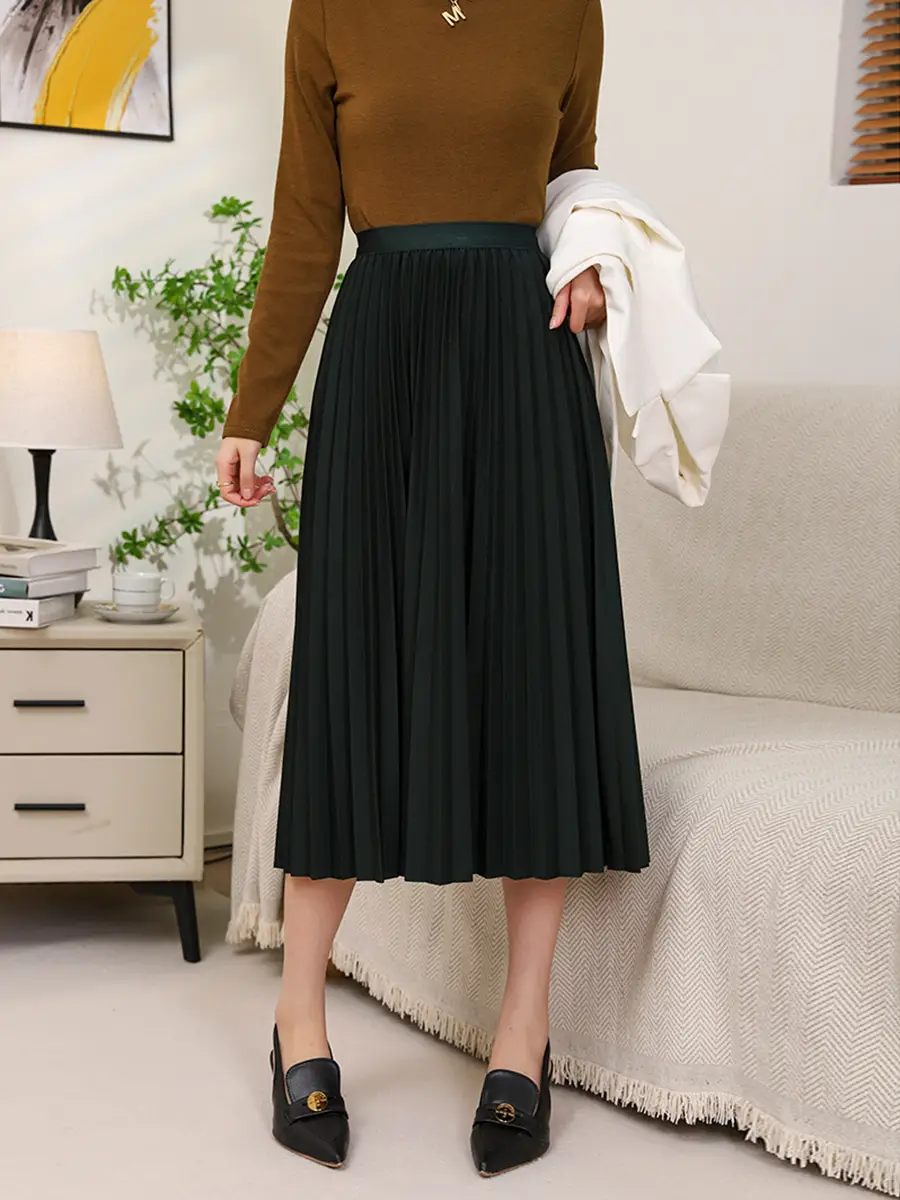 Elegant Pleated Skirt Women Winter Warm