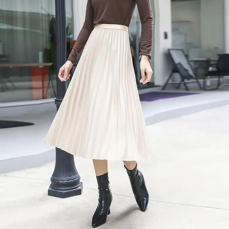 Elegant Pleated Skirt Women Winter Warm