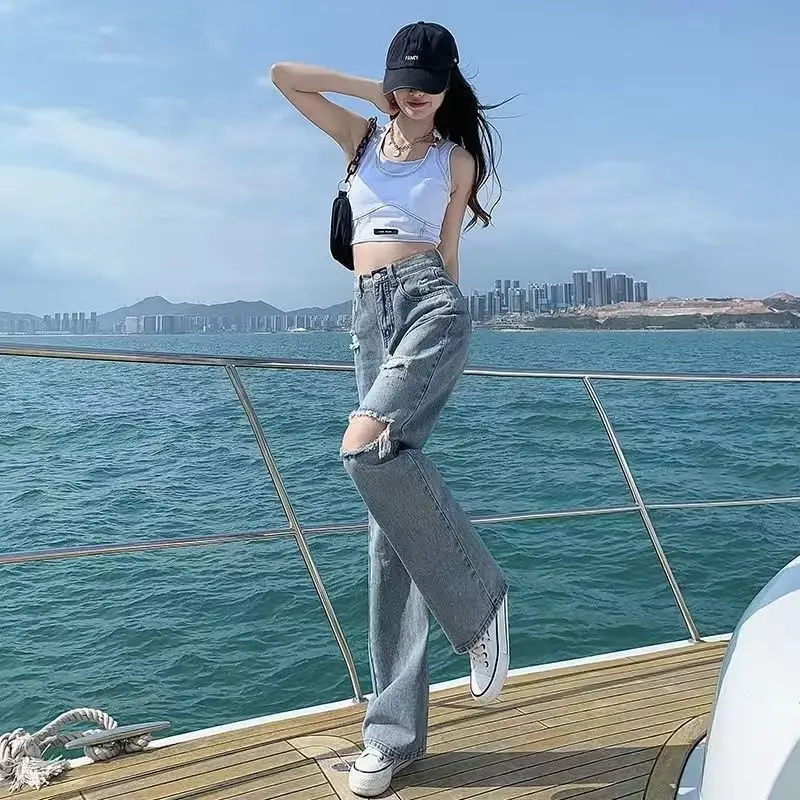 Women Ripped Jeans Straight Spring Loose High Waist Wide Leg - Image 3