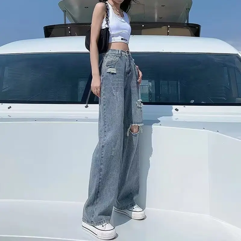 Women Ripped Jeans Straight Spring Loose High Waist Wide Leg - Image 4
