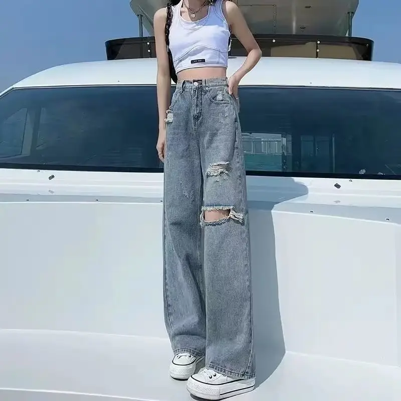 Women Ripped Jeans Straight Spring Loose High Waist Wide Leg - Image 5