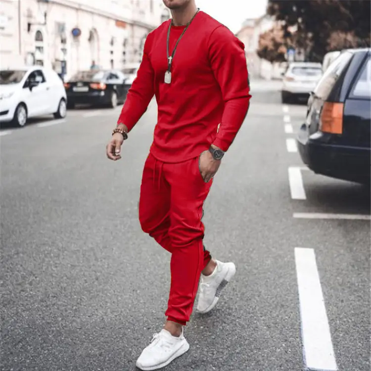 Men Red Cross-Border Suit Long Sleeve Casual Two-Piece Set - Image 3