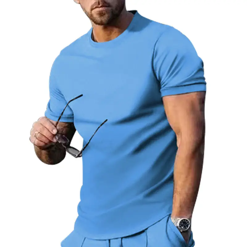 Men's Blue Short Sleeve Solid T-Shirt Round Neck