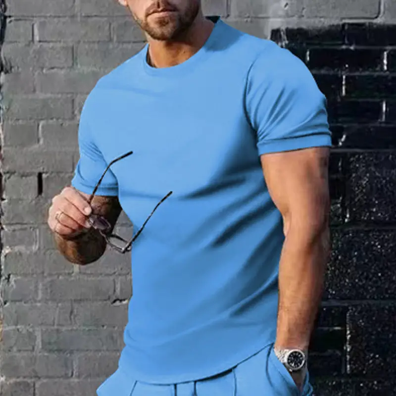 Men's Blue Short Sleeve Solid T-Shirt Round Neck