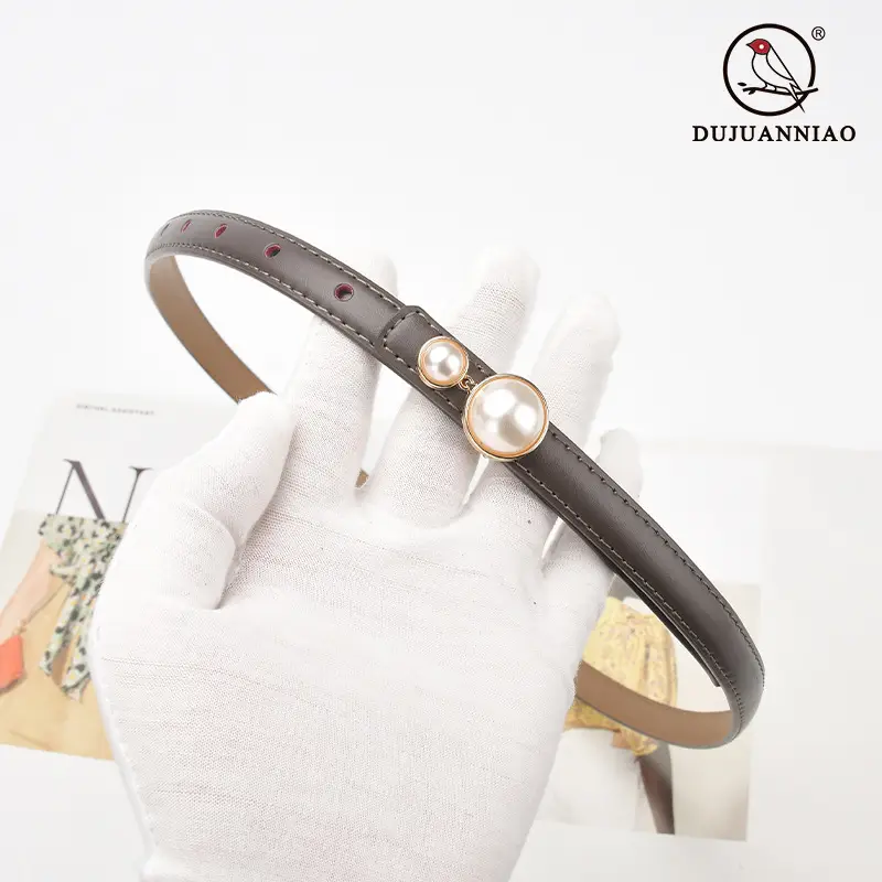 Red Pearl Button Women's Leather Belt - Image 24