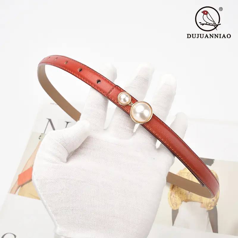 Red Pearl Button Women's Leather Belt - Image 25