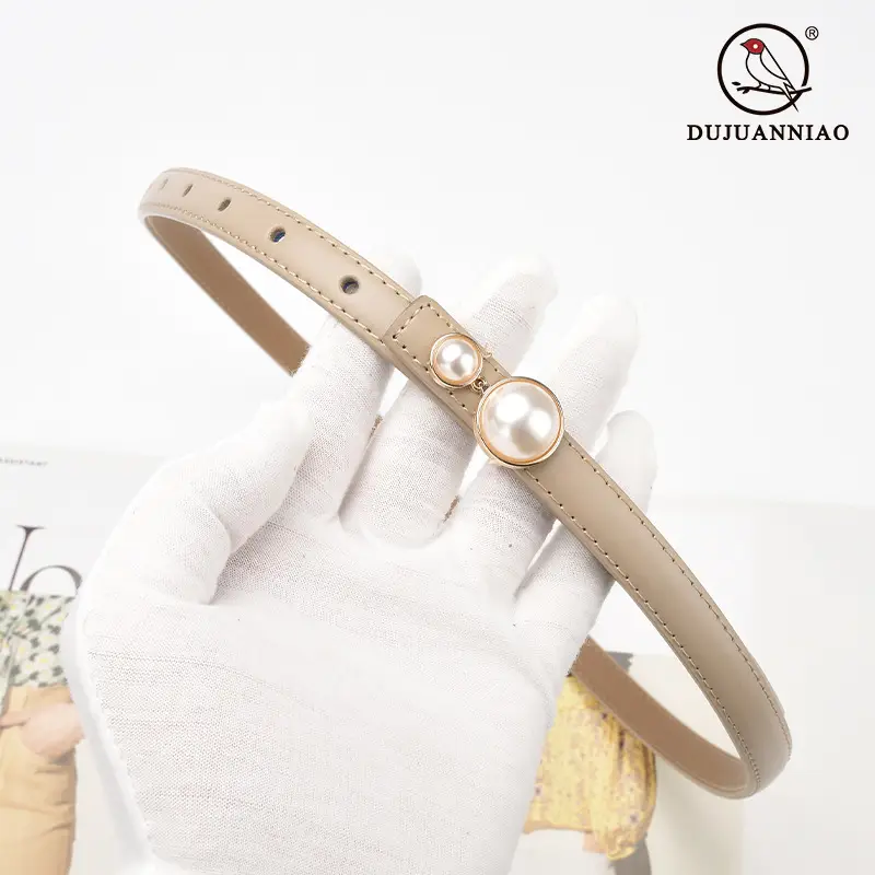 Red Pearl Button Women's Leather Belt - Image 26