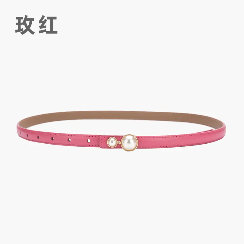 Red Pearl Button Women's Leather Belt - Image 13