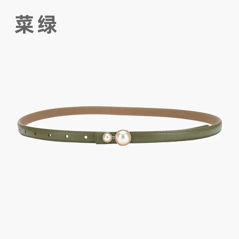 Red Pearl Button Women's Leather Belt - Image 3