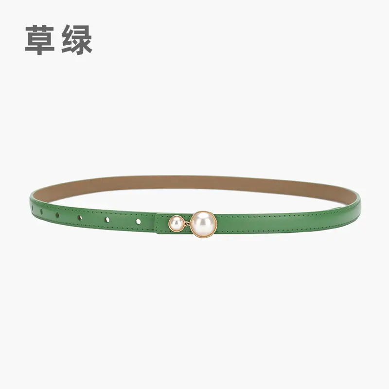 Red Pearl Button Women's Leather Belt - Image 4