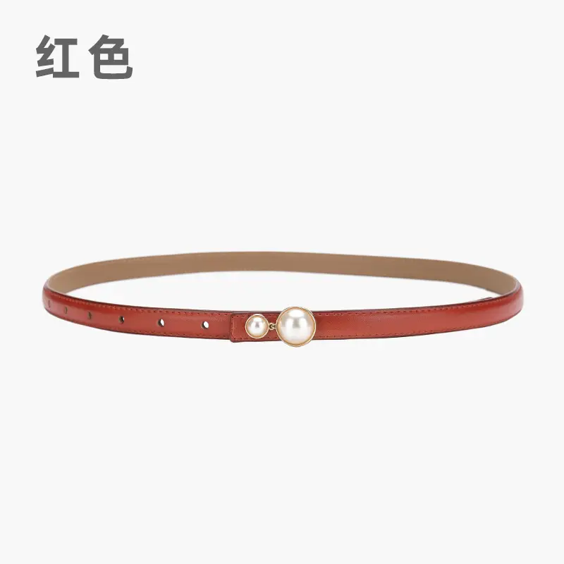 Red Pearl Button Women's Leather Belt - Image 6