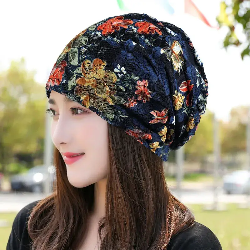 Women's Blue Embroidered Thin Lining Headwear - Image 9