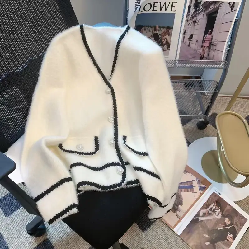 Women's Black V-Neck Knitted Sweater Cardigan — feature 5