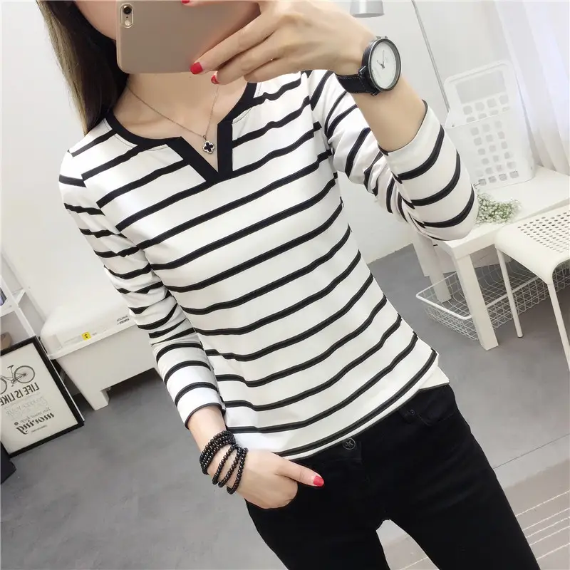 Women Striped V-Neck Long Sleeve T-Shirt Black White
