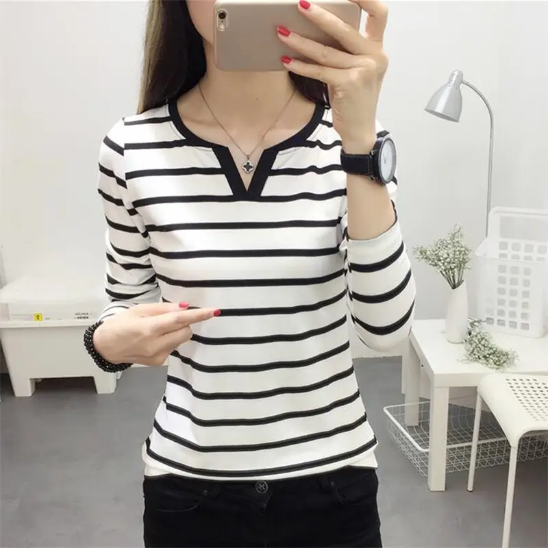 Women Striped V-Neck Long Sleeve T-Shirt Black White