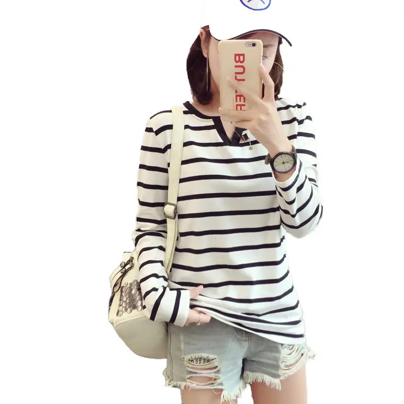 Women Striped V-Neck Long Sleeve T-Shirt Black White