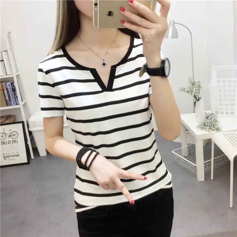Women Striped V-Neck Long Sleeve T-Shirt Black White