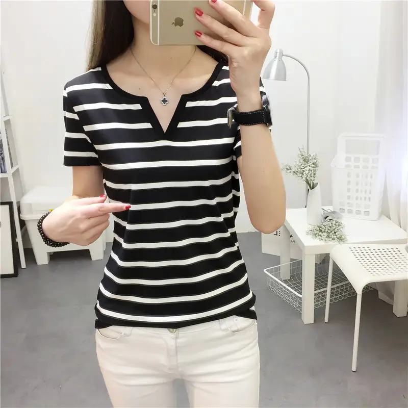 Women Striped V-Neck Long Sleeve T-Shirt Black White