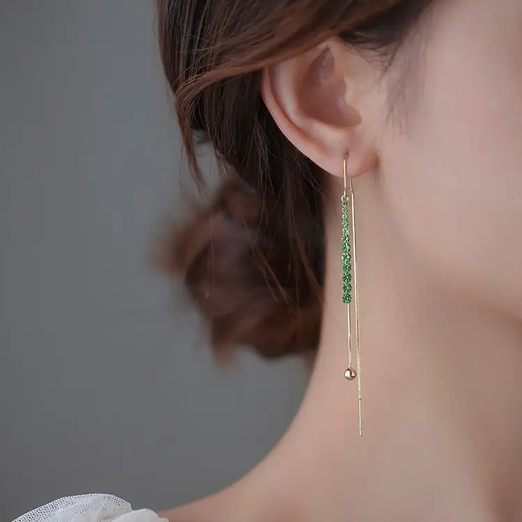 Green Diamond Studded Long Tassel Earrings for Women - Image 3