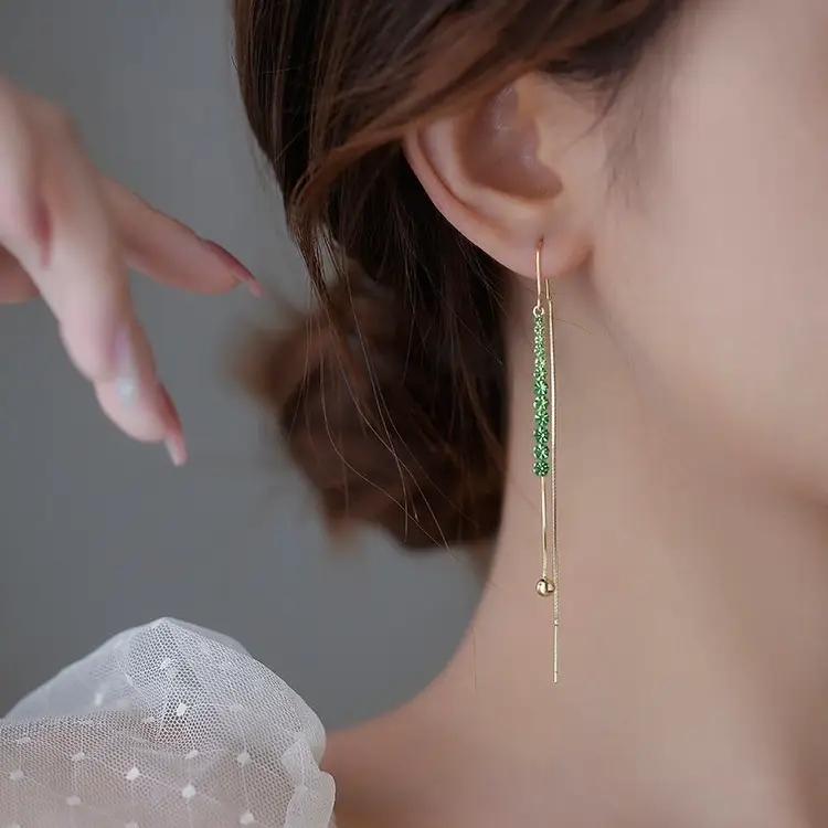 Green Diamond Studded Long Tassel Earrings for Women - Image 4
