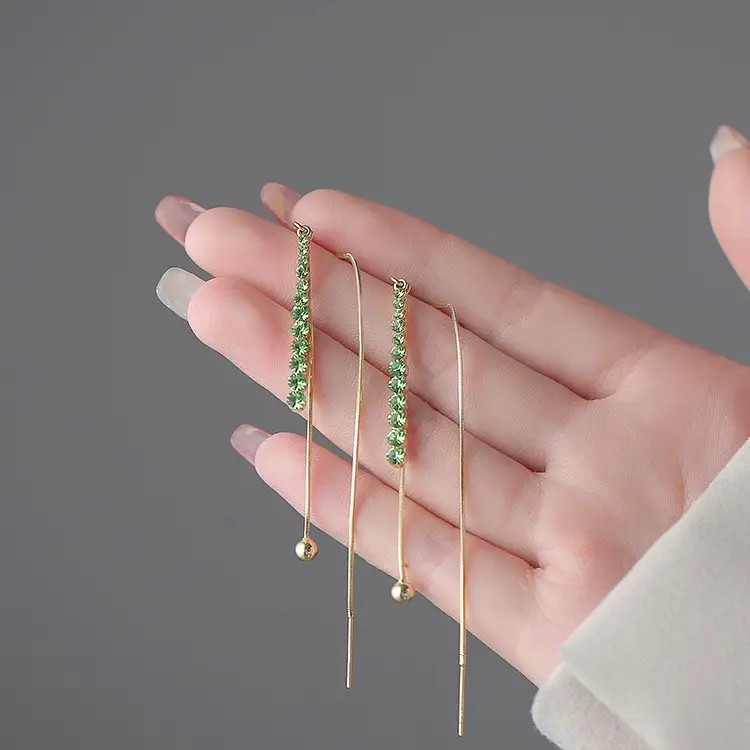 Green Diamond Studded Long Tassel Earrings for Women - Image 5