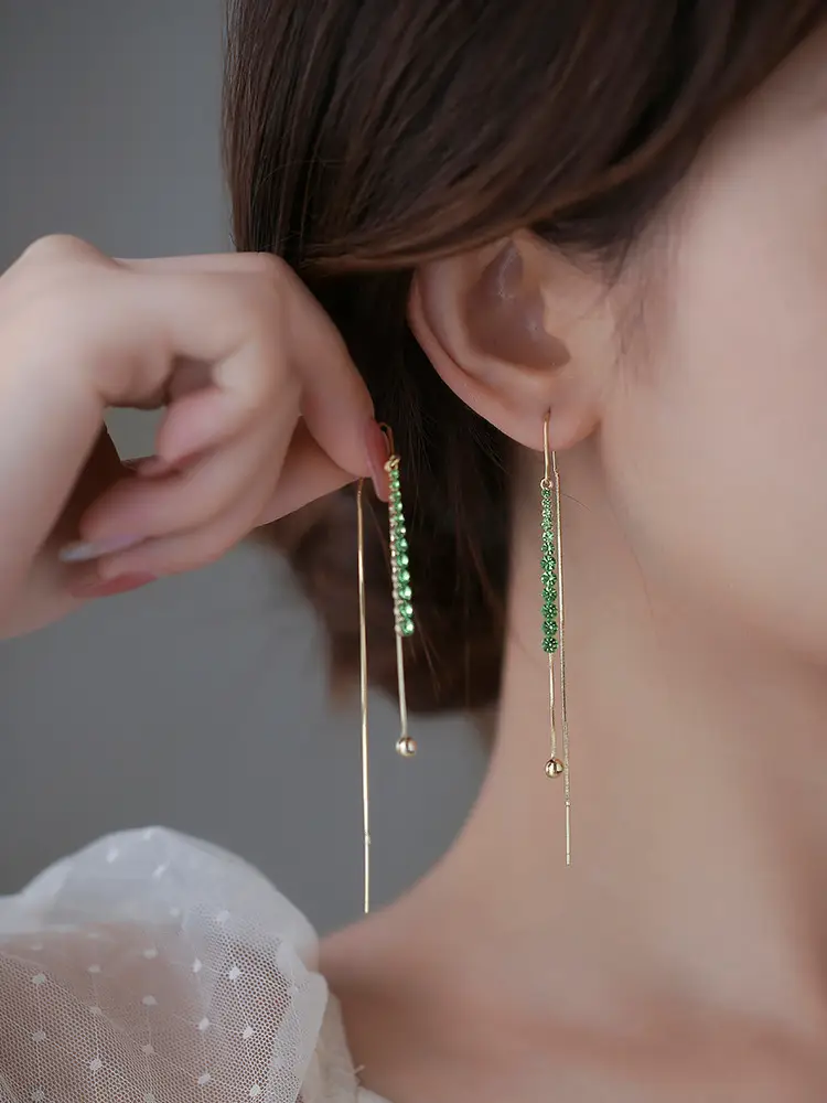 Green Diamond Studded Long Tassel Earrings for Women — feature 1