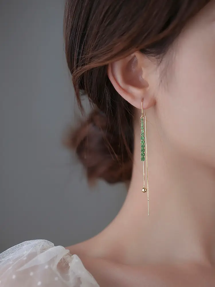Green Diamond Studded Long Tassel Earrings for Women — feature 3