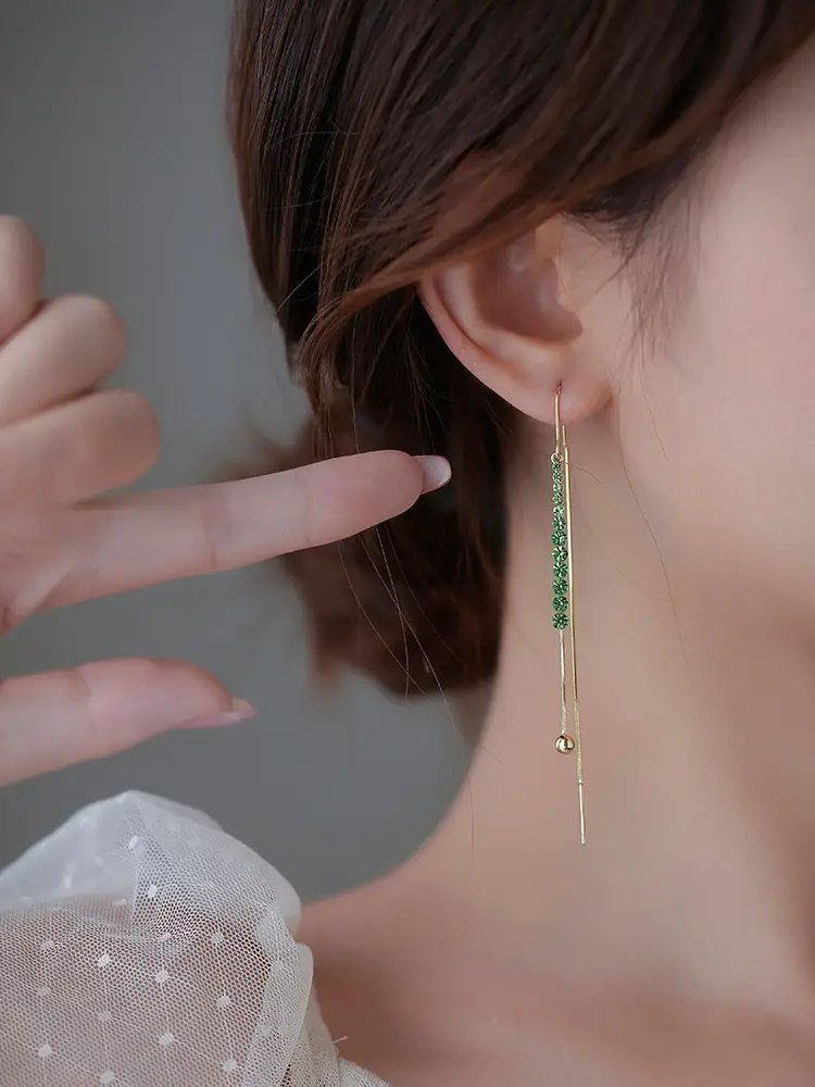 Green Diamond Studded Long Tassel Earrings for Women — feature 5