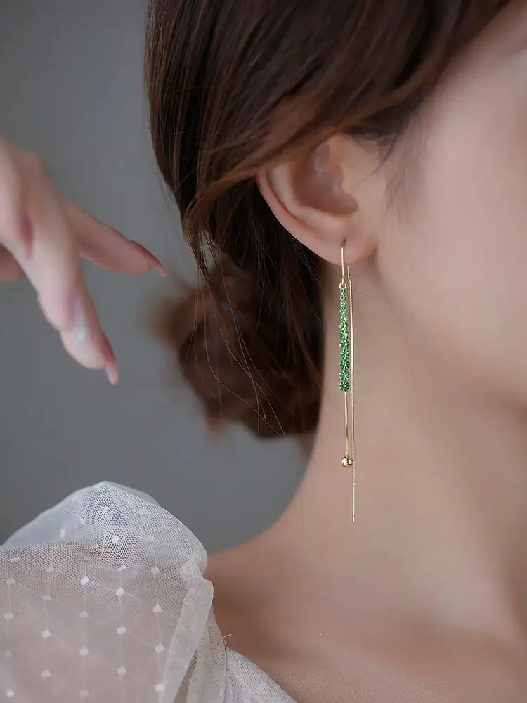 Green Diamond Studded Long Tassel Earrings for Women — feature 6
