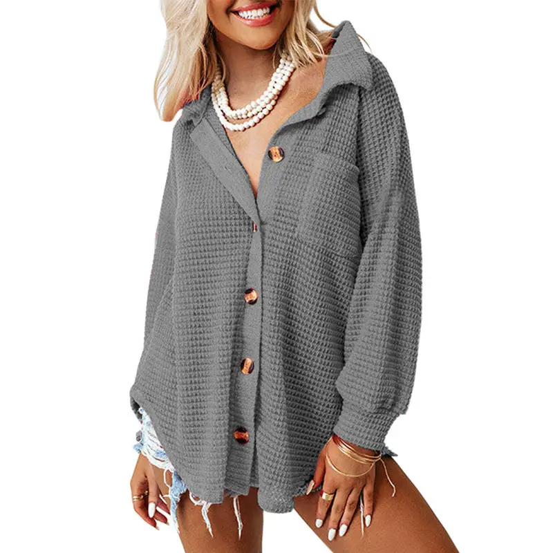 Women's Black Waffle Knit Long Sleeve Cardigan Shirt - Image 10