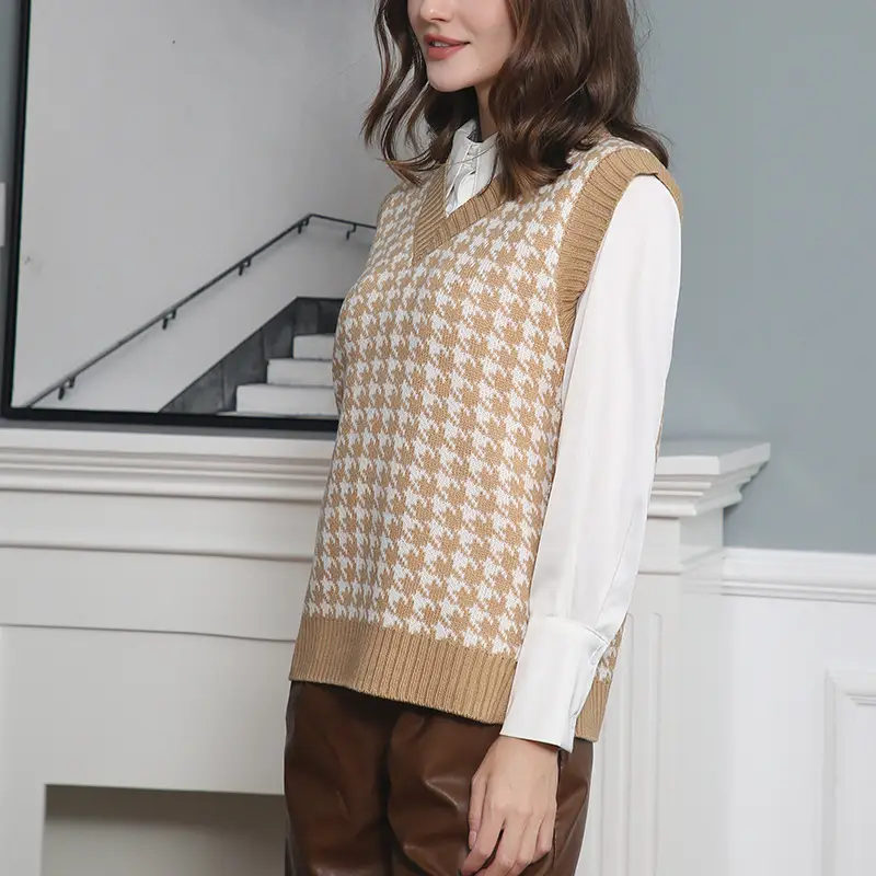 Women Houndstooth Waistcoat Vest Red White Sleeveless V Neck - Image 14