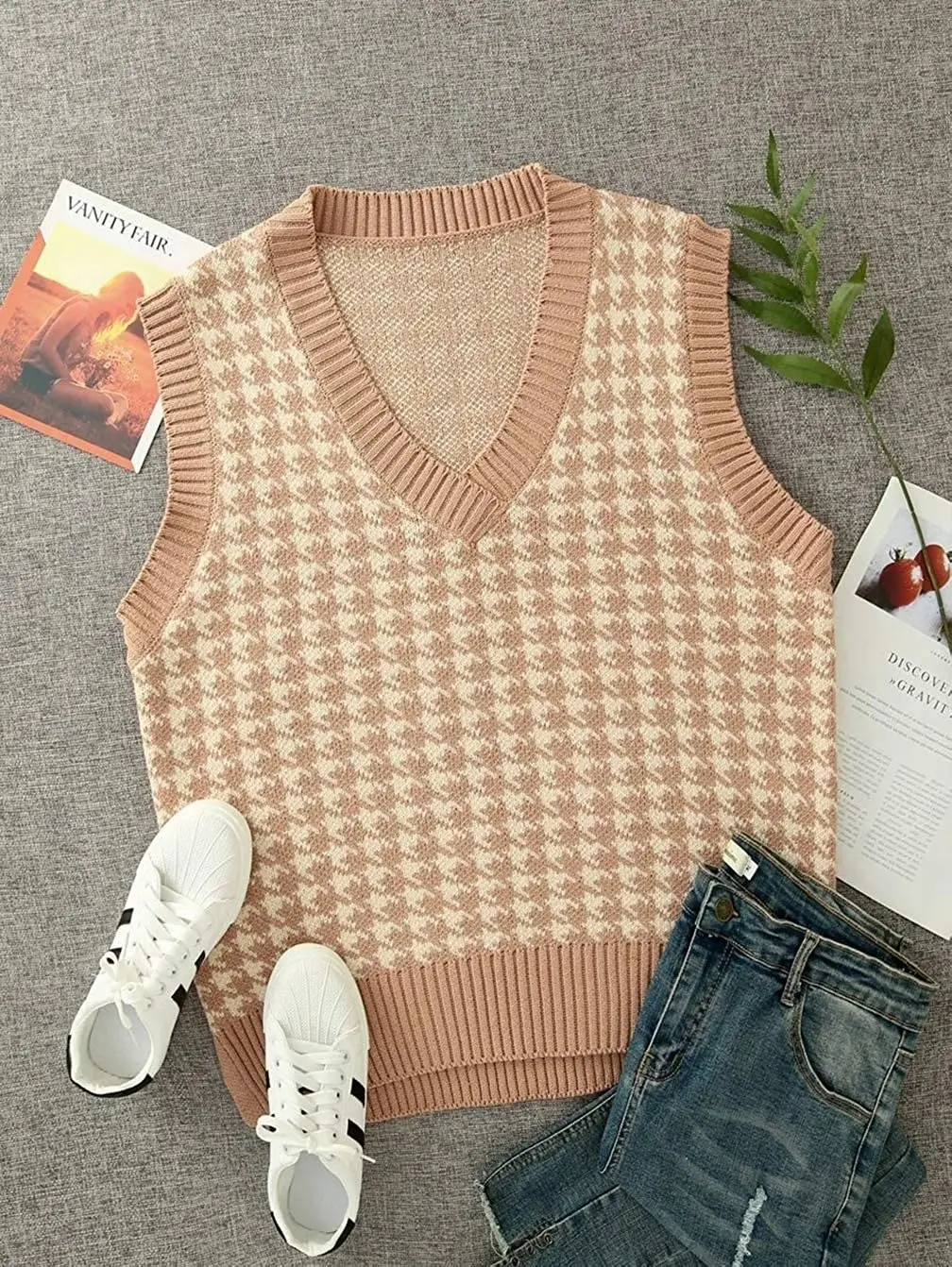 Women Houndstooth Waistcoat Vest Red White Sleeveless V Neck - Image 15