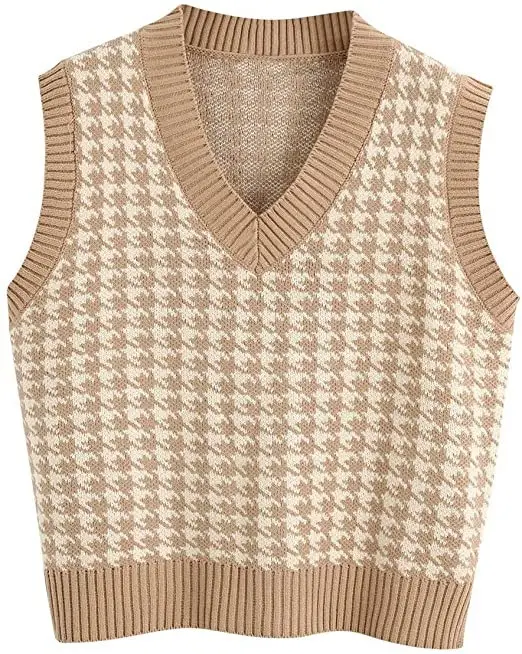Women Houndstooth Waistcoat Vest Red White Sleeveless V Neck - Image 6