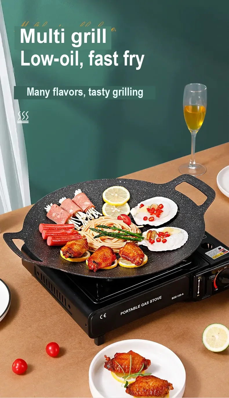 Pan with assorted food on a portable gas stove; Chinese text describes multifunction cooking.